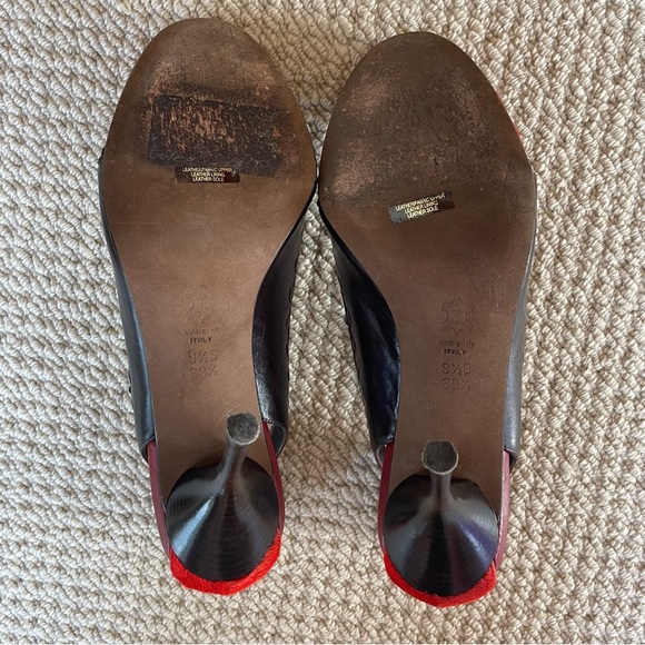 BCBGMaxAzria Brown Leather Heels with Burnt Orange Fur - Picture 11 of 13